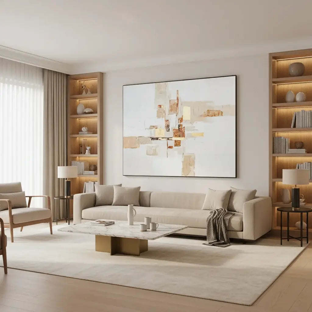 Modern living room with beige sofa, coffee table, and abstract art on the wall.