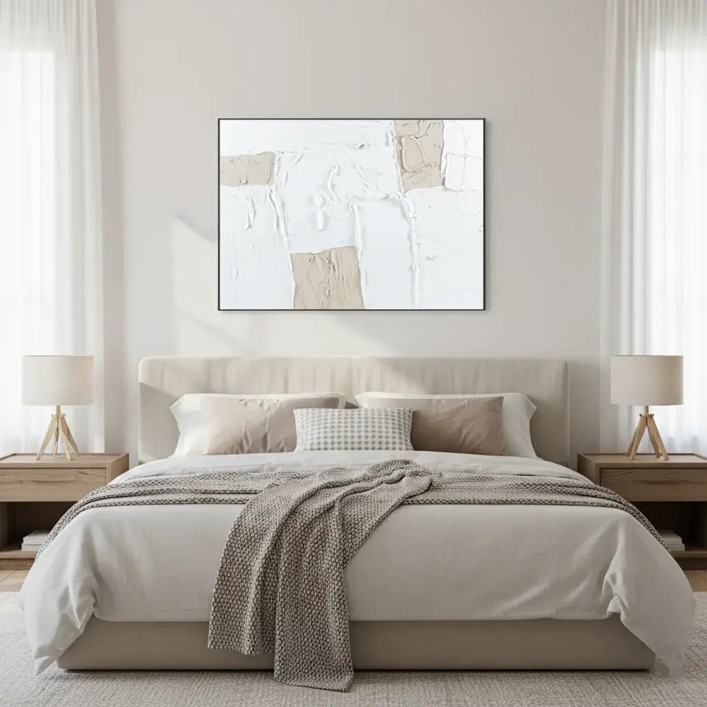 Neatly made bed with beige bedding in a bedroom setting, featuring a framed abstract art piece on the wall.