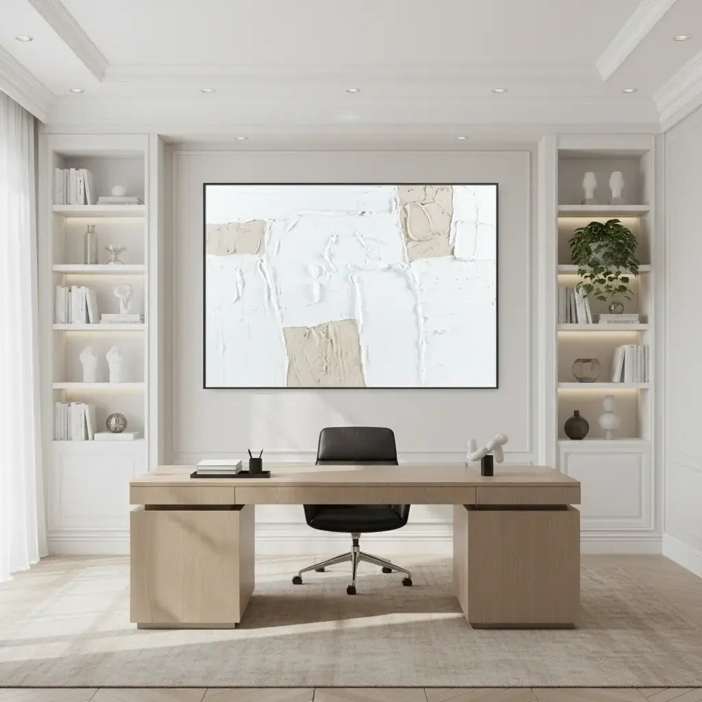 Modern office setup with a desk, chair, and wall art in a well-lit room.