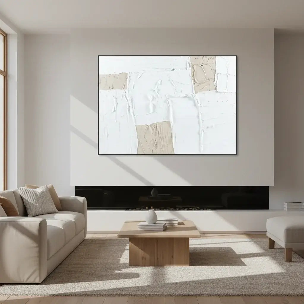 Modern living room with a large abstract painting on the wall.
