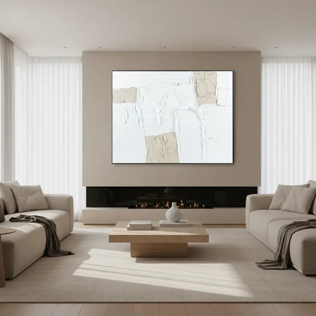 Modern living room with a fireplace and abstract artwork