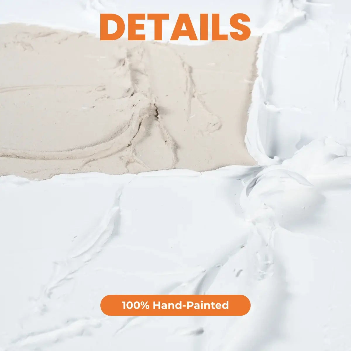 Close-up of a textured surface with '100% Hand-Painted' label.