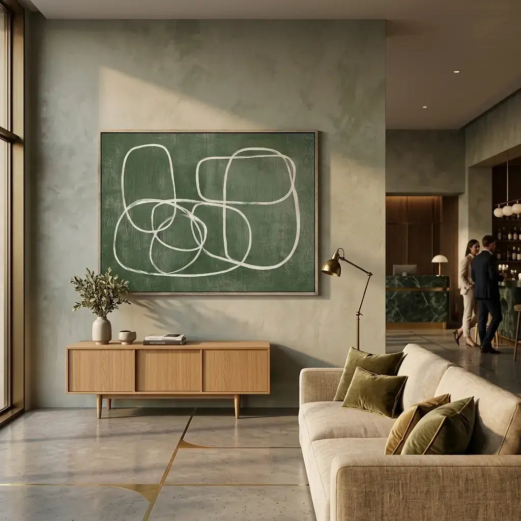 Modern living room with abstract art on the wall, a sofa, and a sideboard.