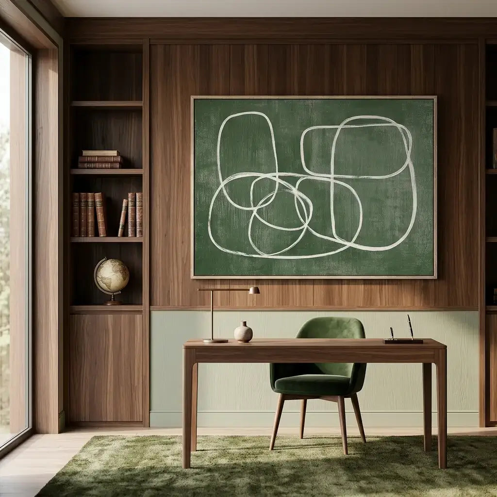 Modern home office with wooden desk, green chair, and abstract drawing on a green chalkboard.
