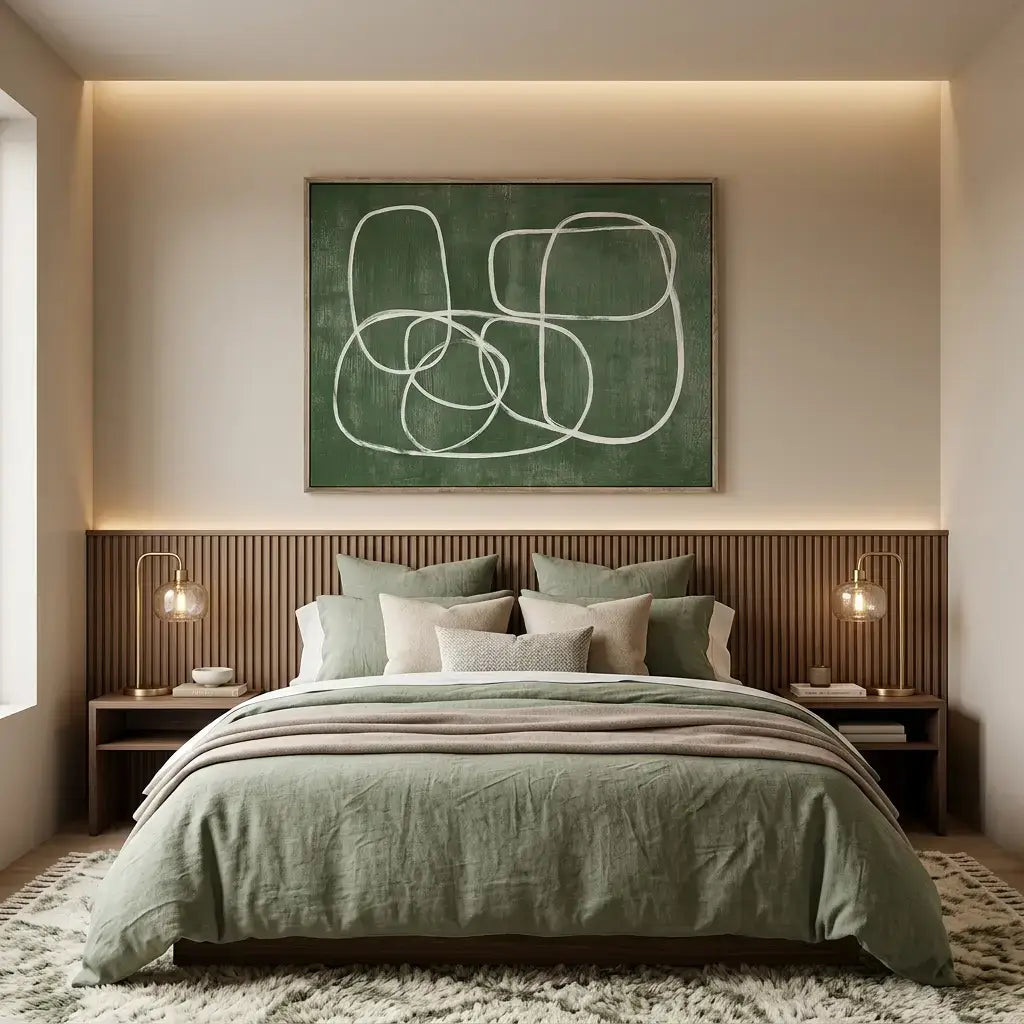Modern bedroom with a bed, headboard, and abstract wall art.