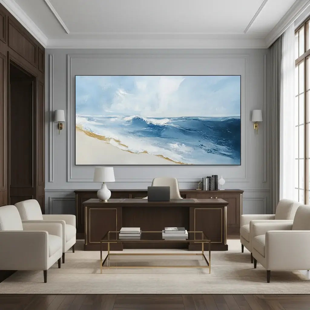 Modern living room with a large oil painting, surrounded by furniture.