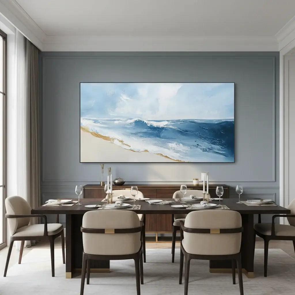 Dining room with a large abstract painting on the wall