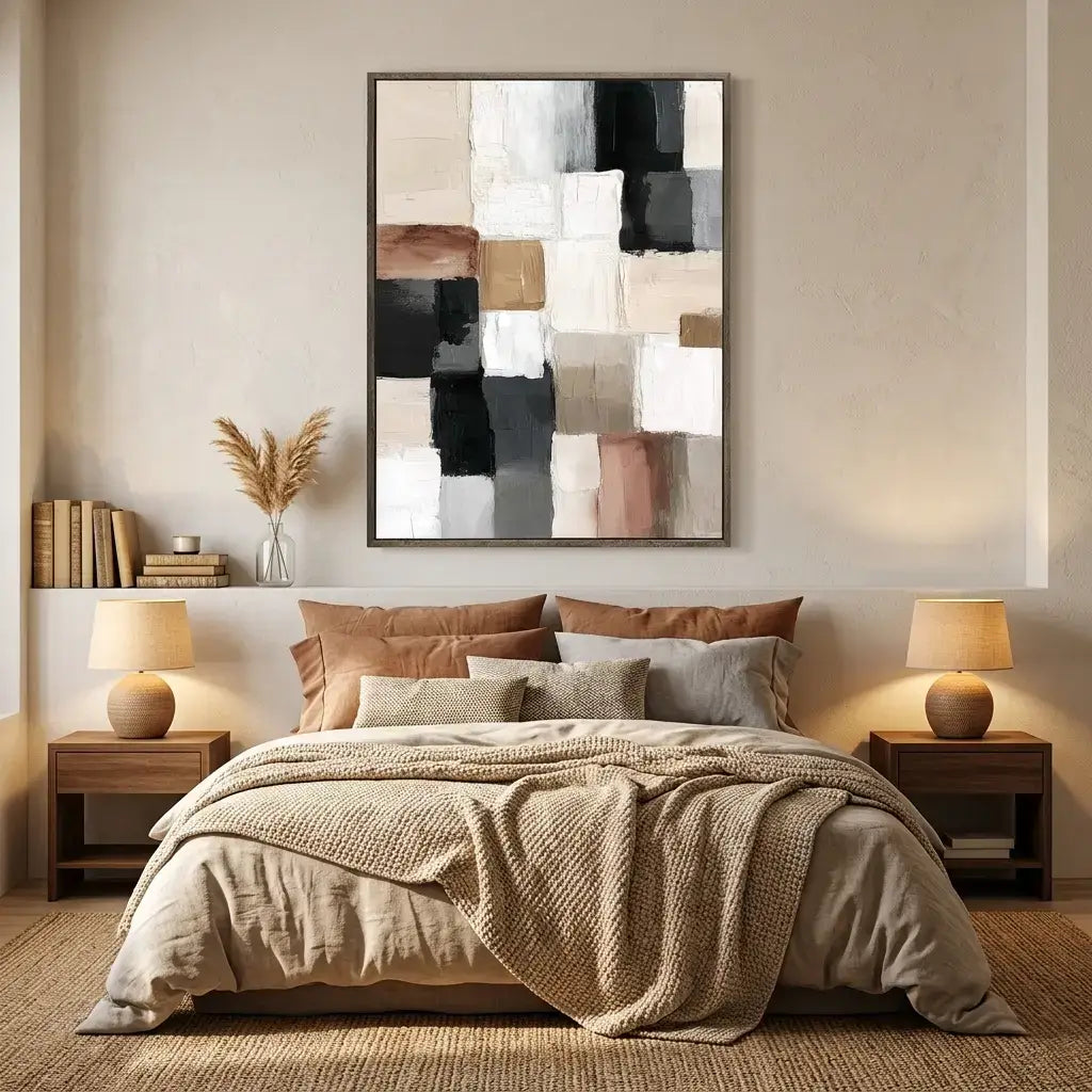 Neatly made bed with pillows and blankets in a bedroom setting with abstract art on the wall.