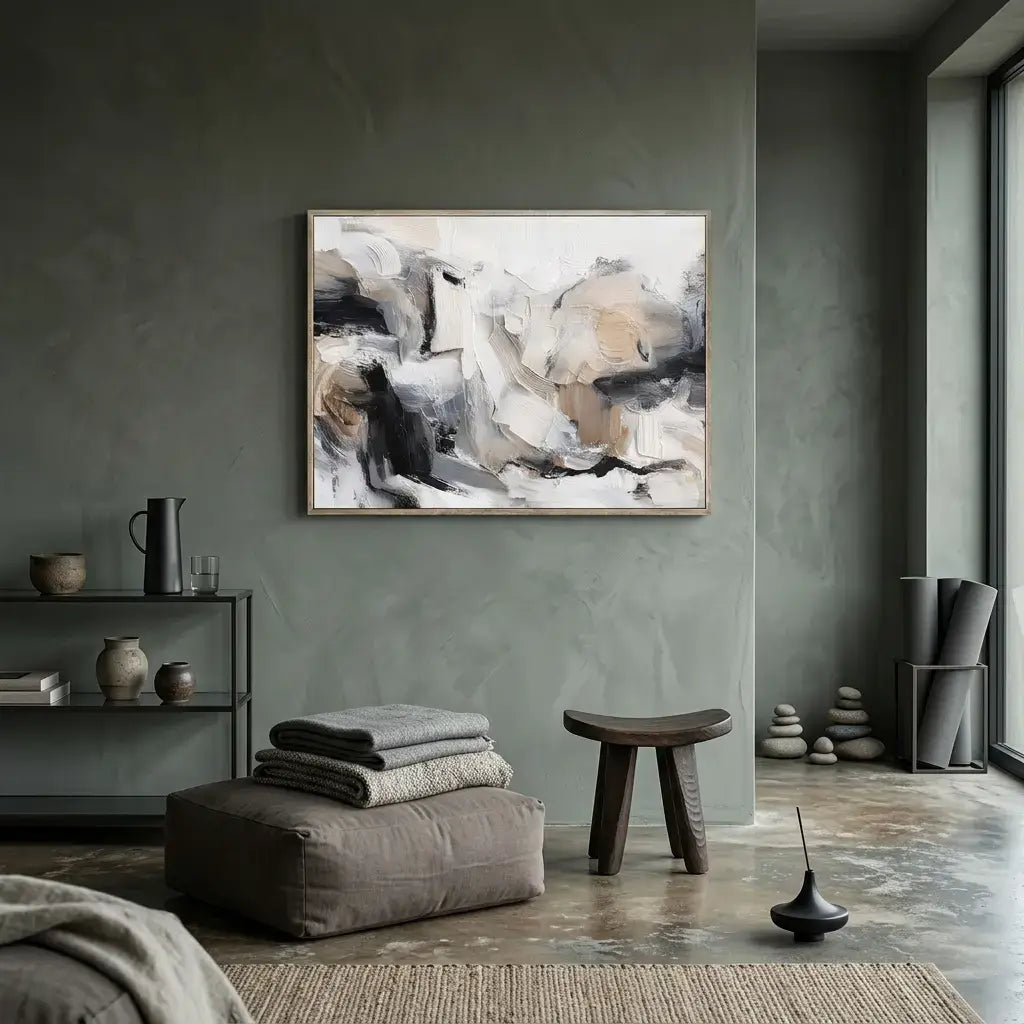 Modern interior with abstract art on a gray wall, furniture, and decor items.