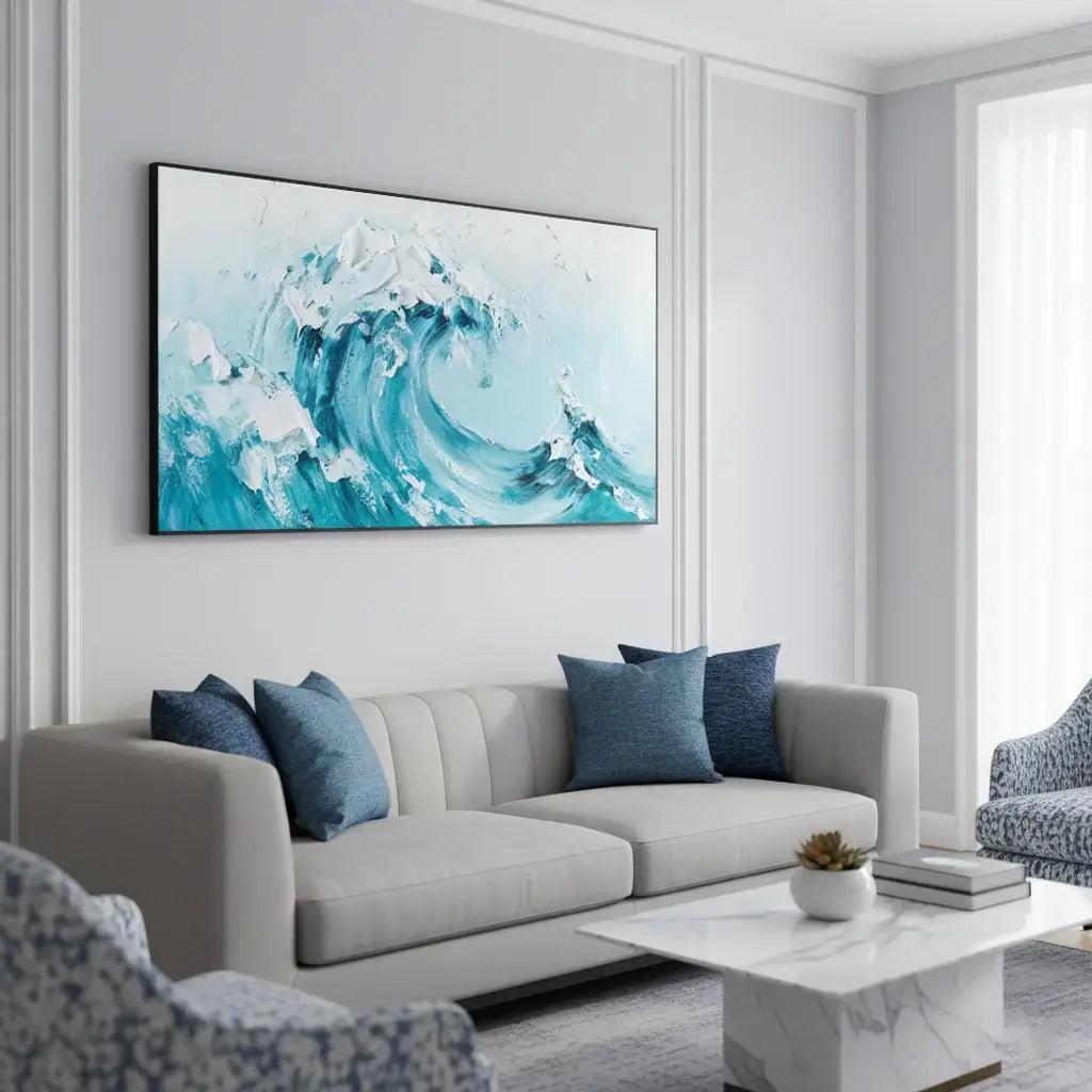 Living room with a gray sofa, blue pillows, and a large abstract painting of a wave on the wall.