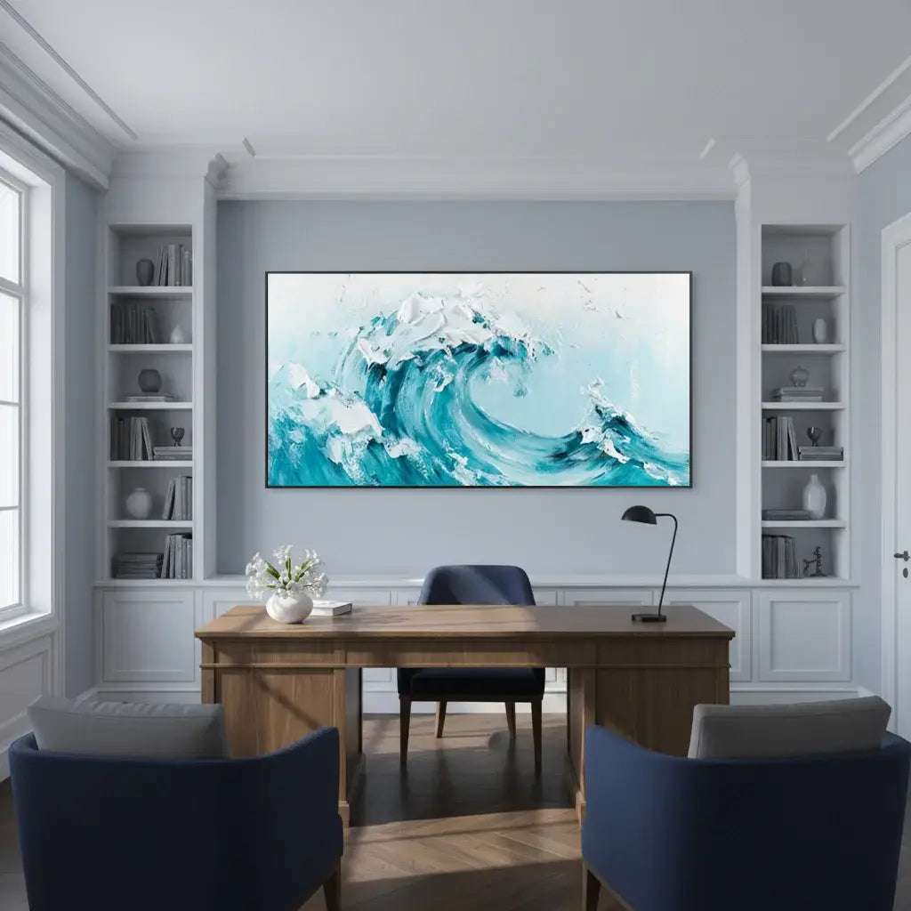 Modern home office with a large ocean wave design wall art, wooden desk, and chairs.