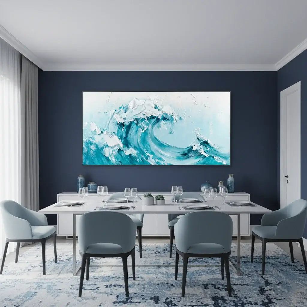 Dining room with a large abstract wave painting on the wall