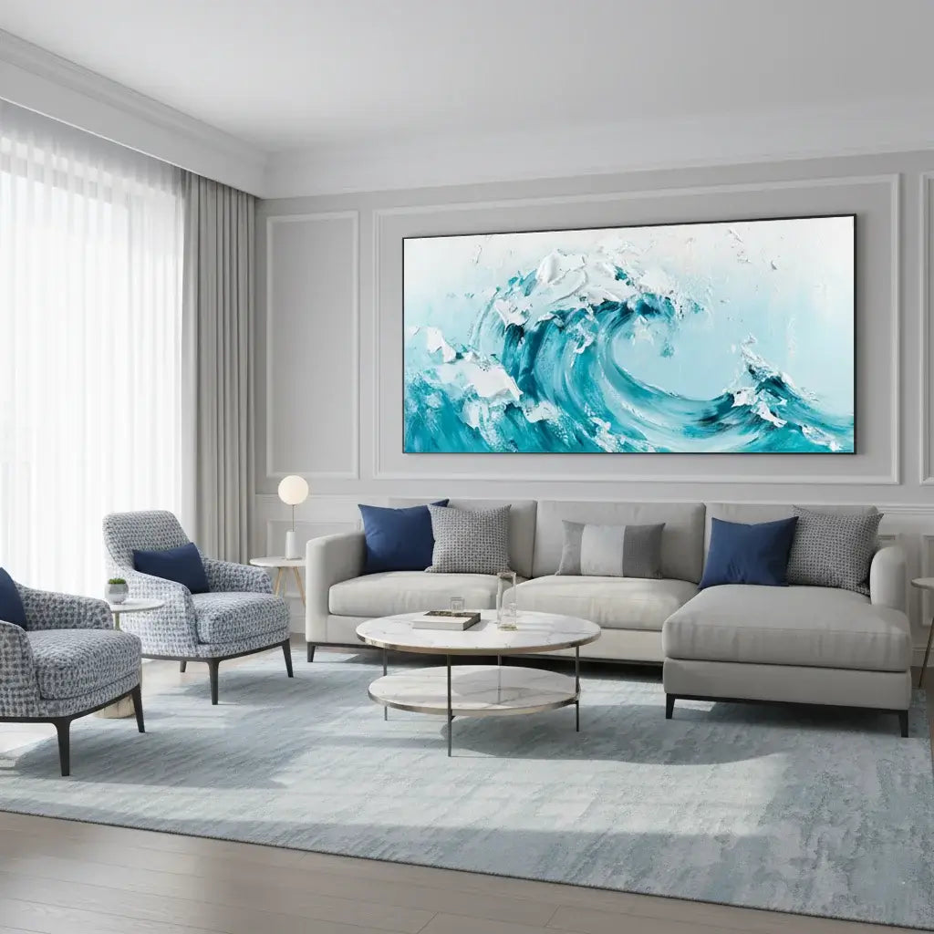 Modern living room with a large abstract painting of a wave on the wall.