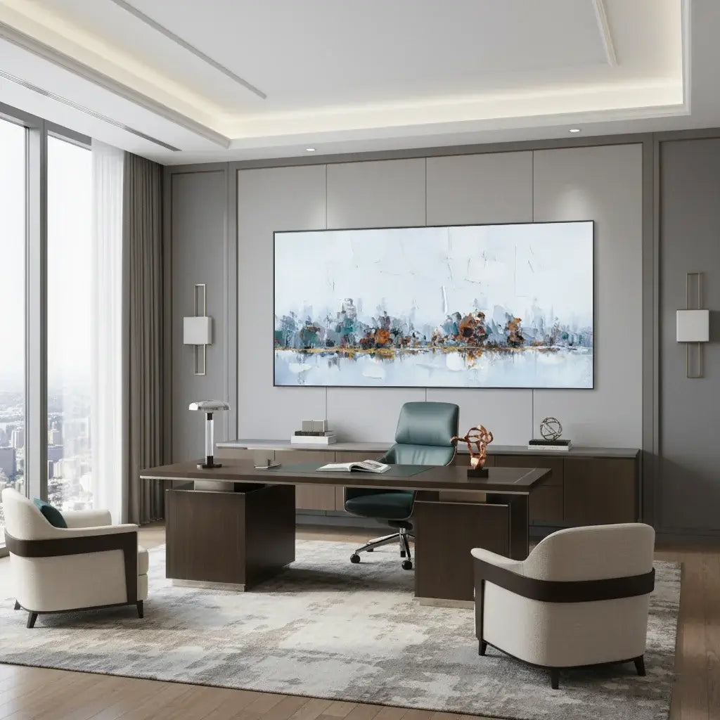 Modern office interior with a large desk, chairs, and a cityscape painting on the wall.