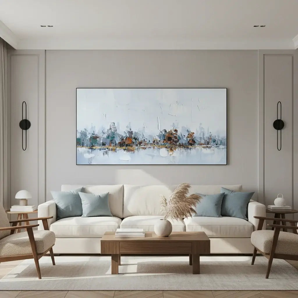 Modern living room with a cityscape painting on the wall, white sofa, and wooden coffee table.