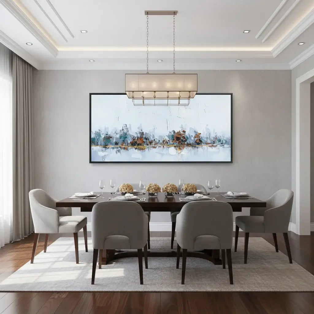 Modern dining room with a large abstract painting on the wall, a dining table with chairs, and a chandelier.