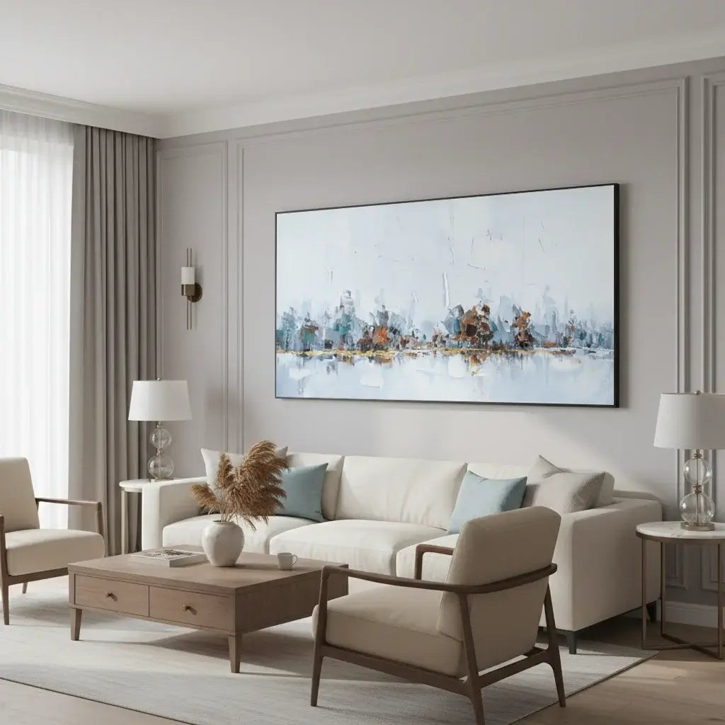 Modern living room with a white sofa, armchairs, and a large abstract painting on the wall.