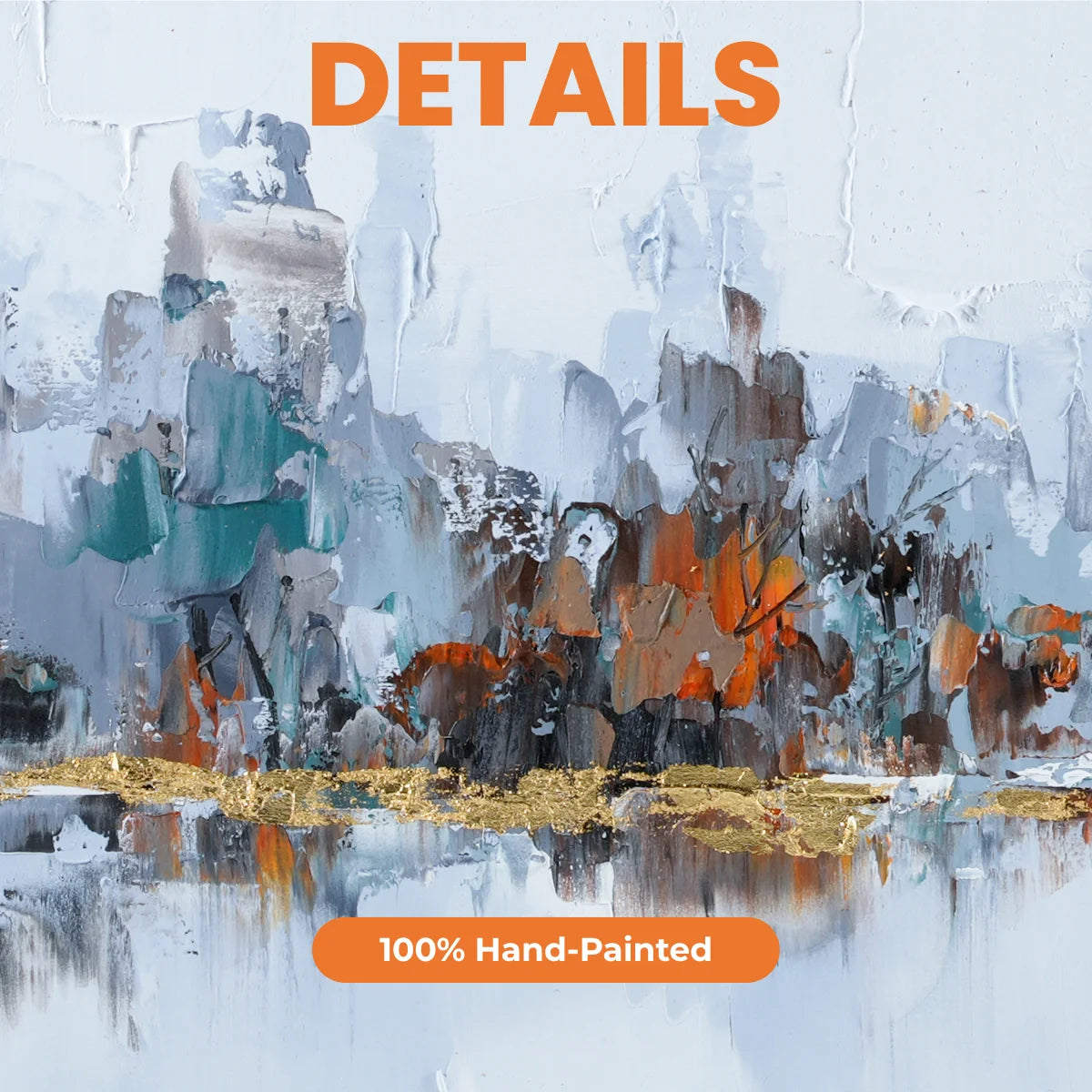 Abstract art with 'DETAILS' and '100% Hand-Painted' text on a textured background