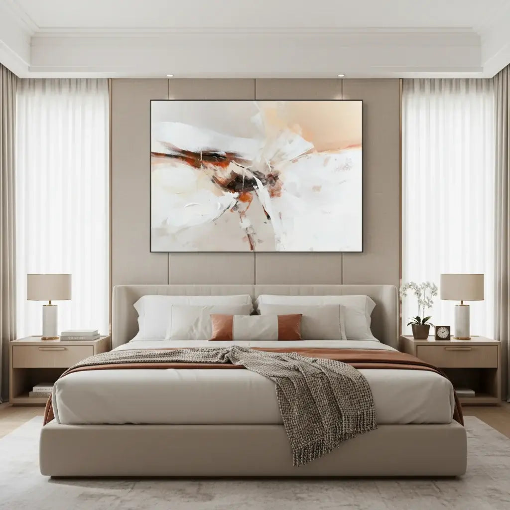 Modern bedroom with a large bed, side tables, and abstract wall art.