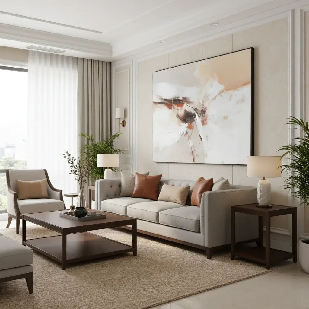 Modern living room with gray sofa, coffee table, and decorative elements.