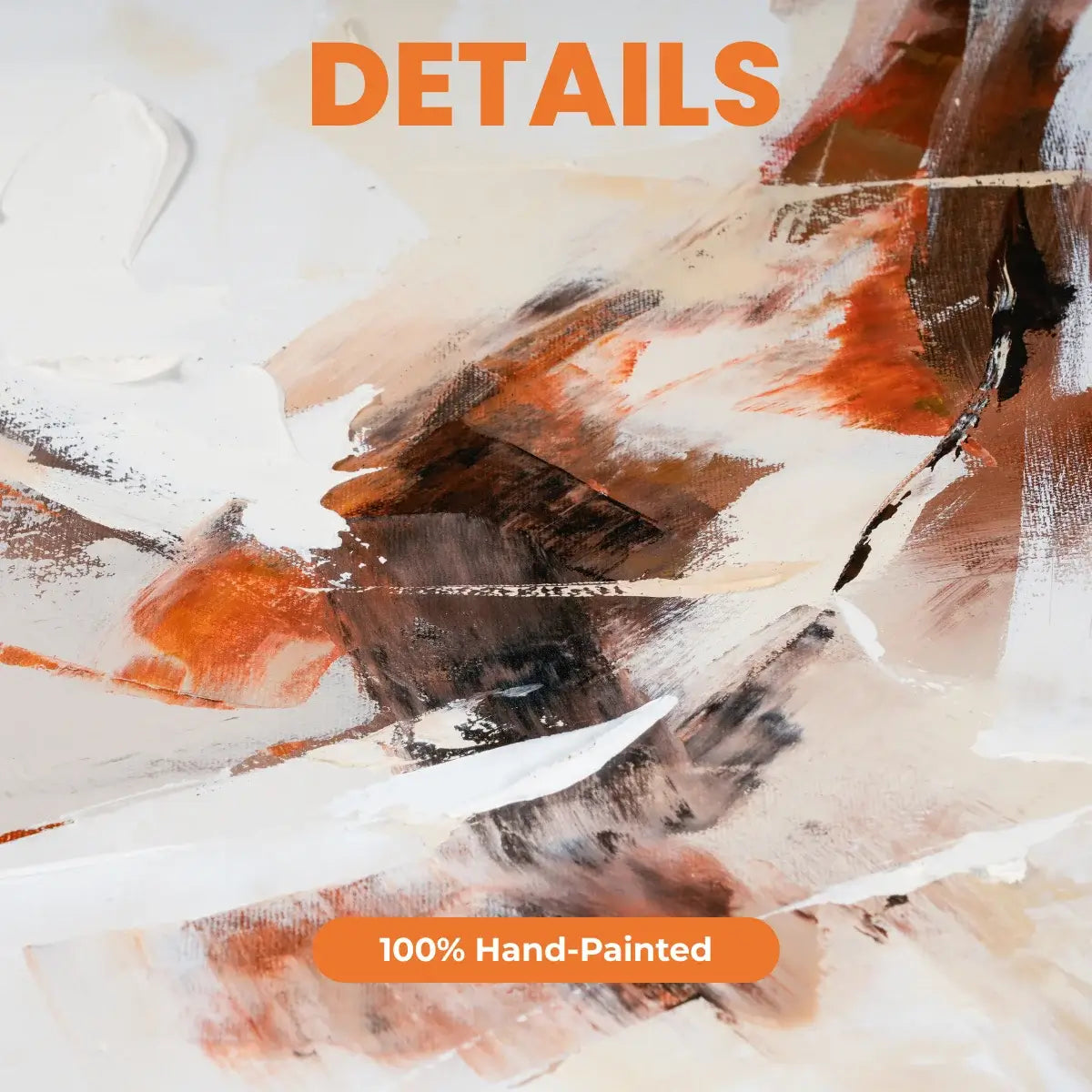 Abstract art with text 'DETAILS' and '100% Hand-Painted' on a white background
