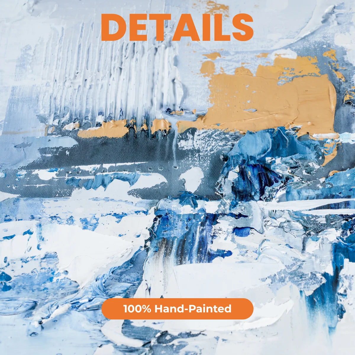 Abstract art with text 'DETAILS' and '100% Hand-Painted' on a blue and white background