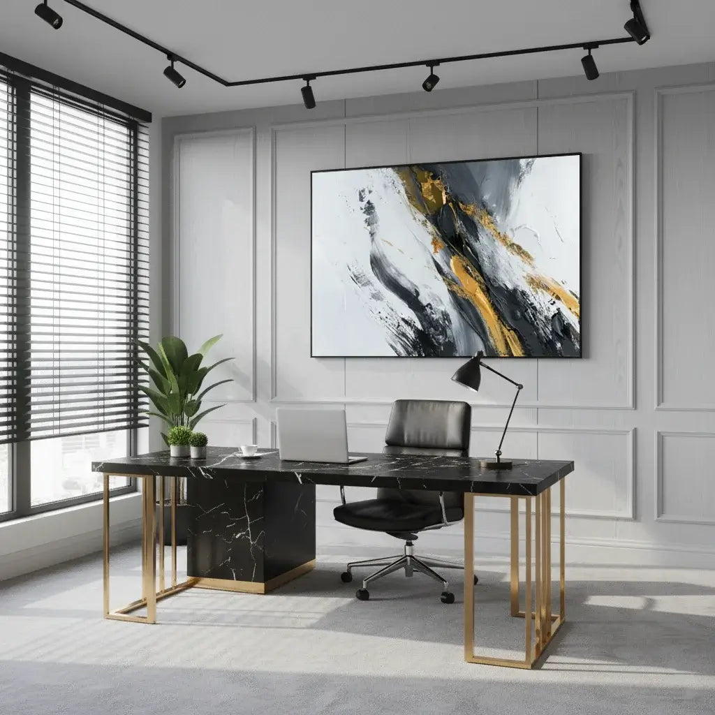 Modern office setup with a black marble desk, chair, and abstract art on the wall.