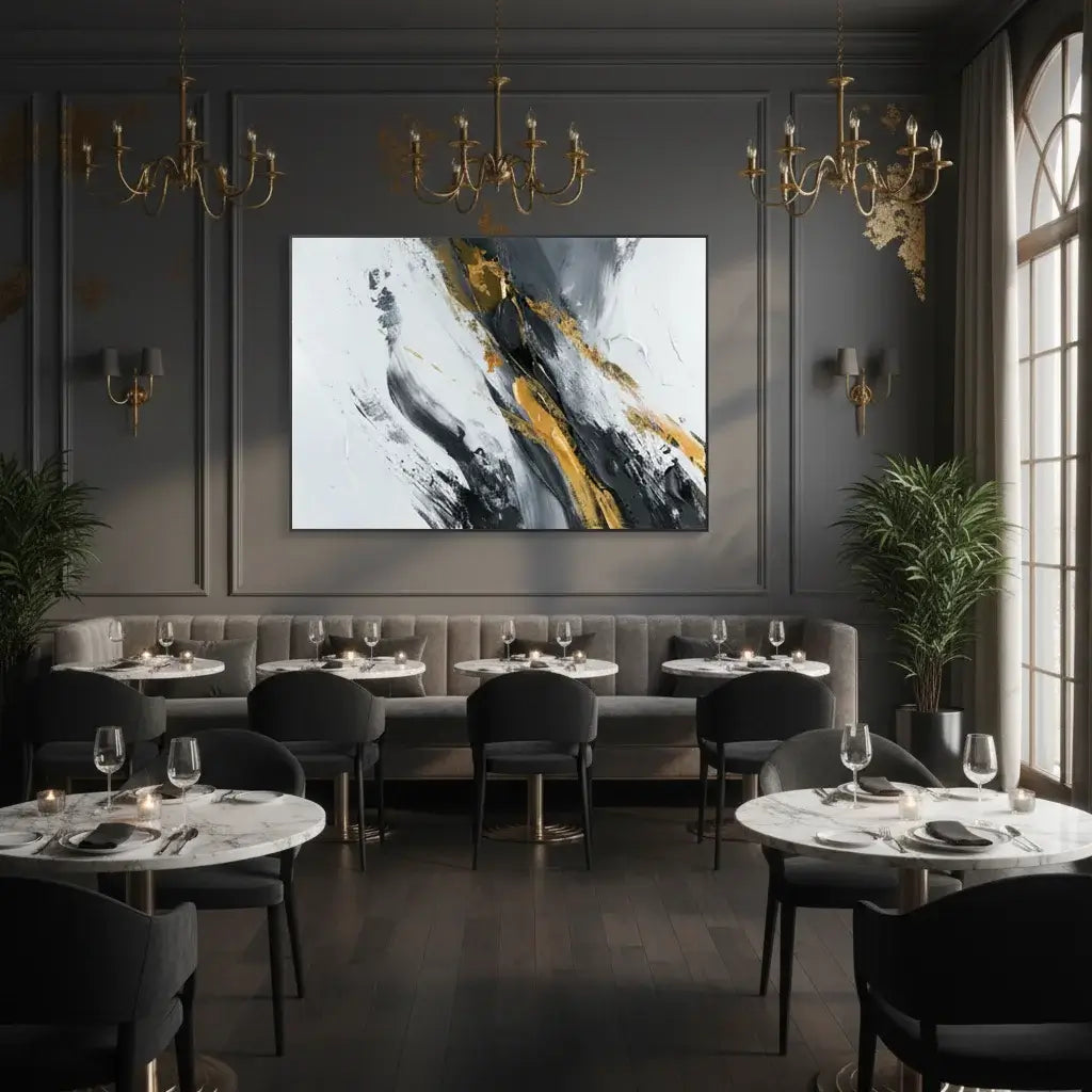 Elegant restaurant interior with tables, chairs, and a large abstract painting on the wall.