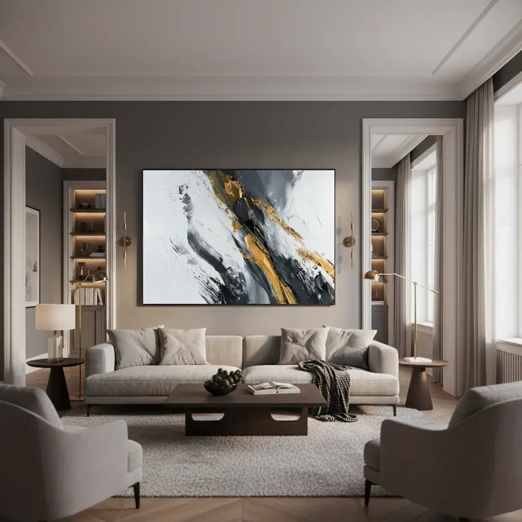 Modern living room with abstract art on the wall