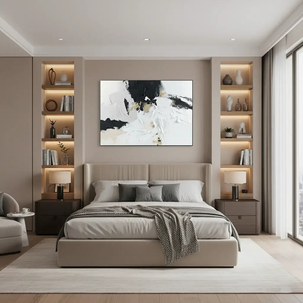 Modern bedroom with a bed, shelves, and artwork on the wall.