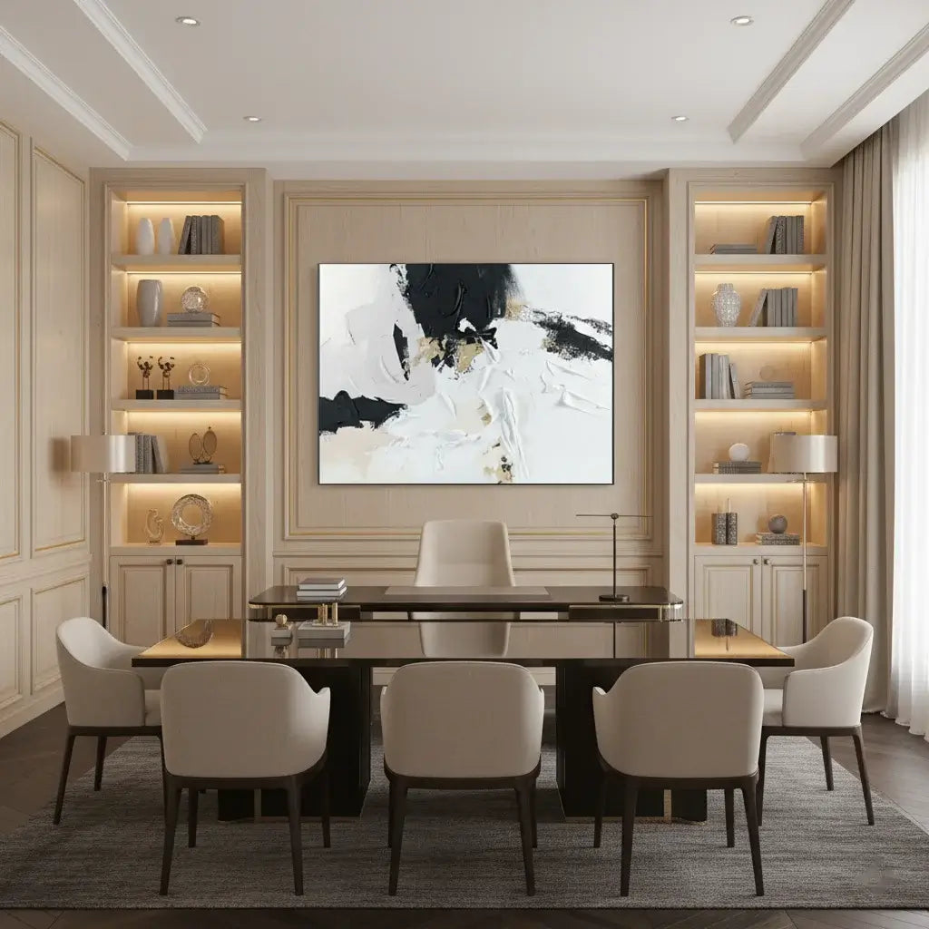 Modern dining room with a large TV mounted on the wall, surrounded by shelves and chairs.