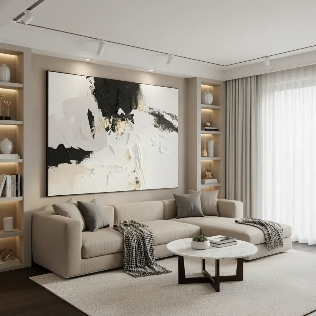 Modern living room with a beige sectional sofa, abstract art, and a coffee table.