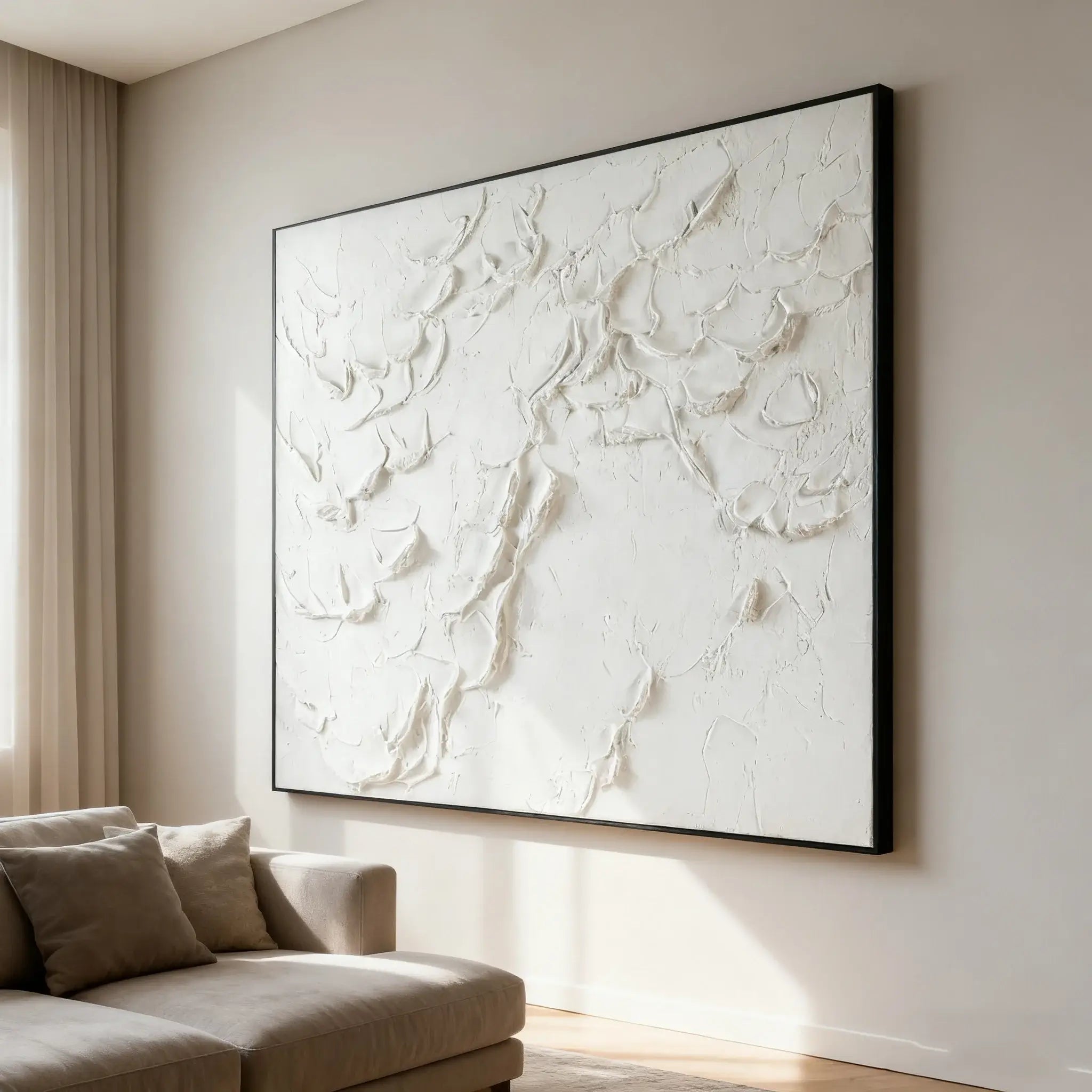 Abstract wall art in a modern living room setting