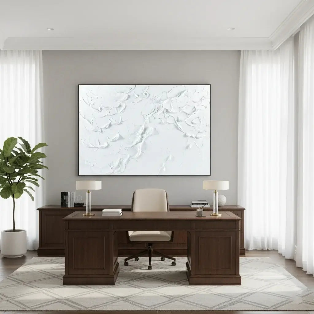 Modern office interior with a wooden desk, chair, and abstract artwork on the wall.