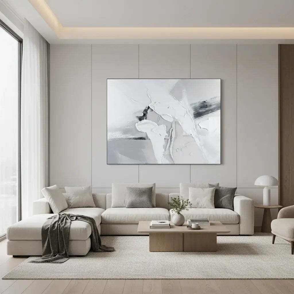 Modern living room with a gray sectional sofa, abstract painting, and side table.