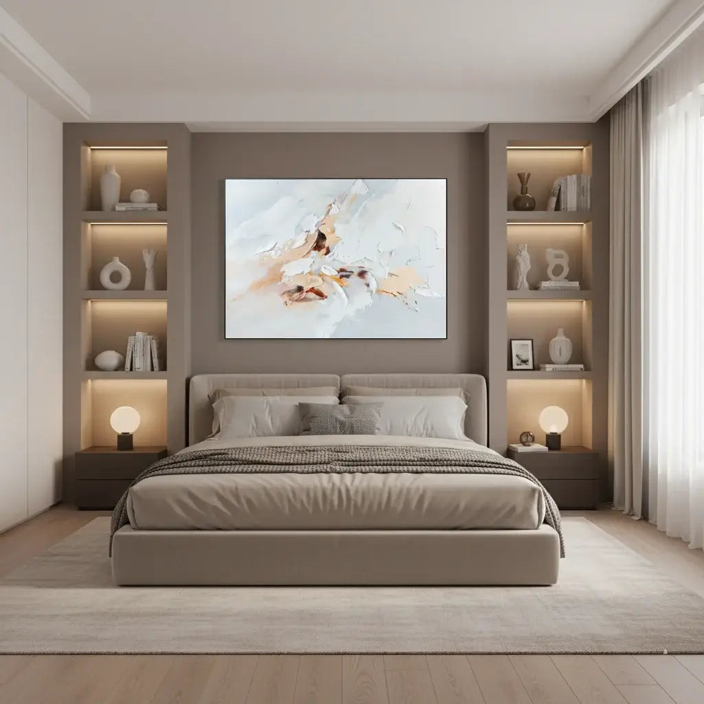 Modern bedroom with a bed, shelves, and abstract wall art.