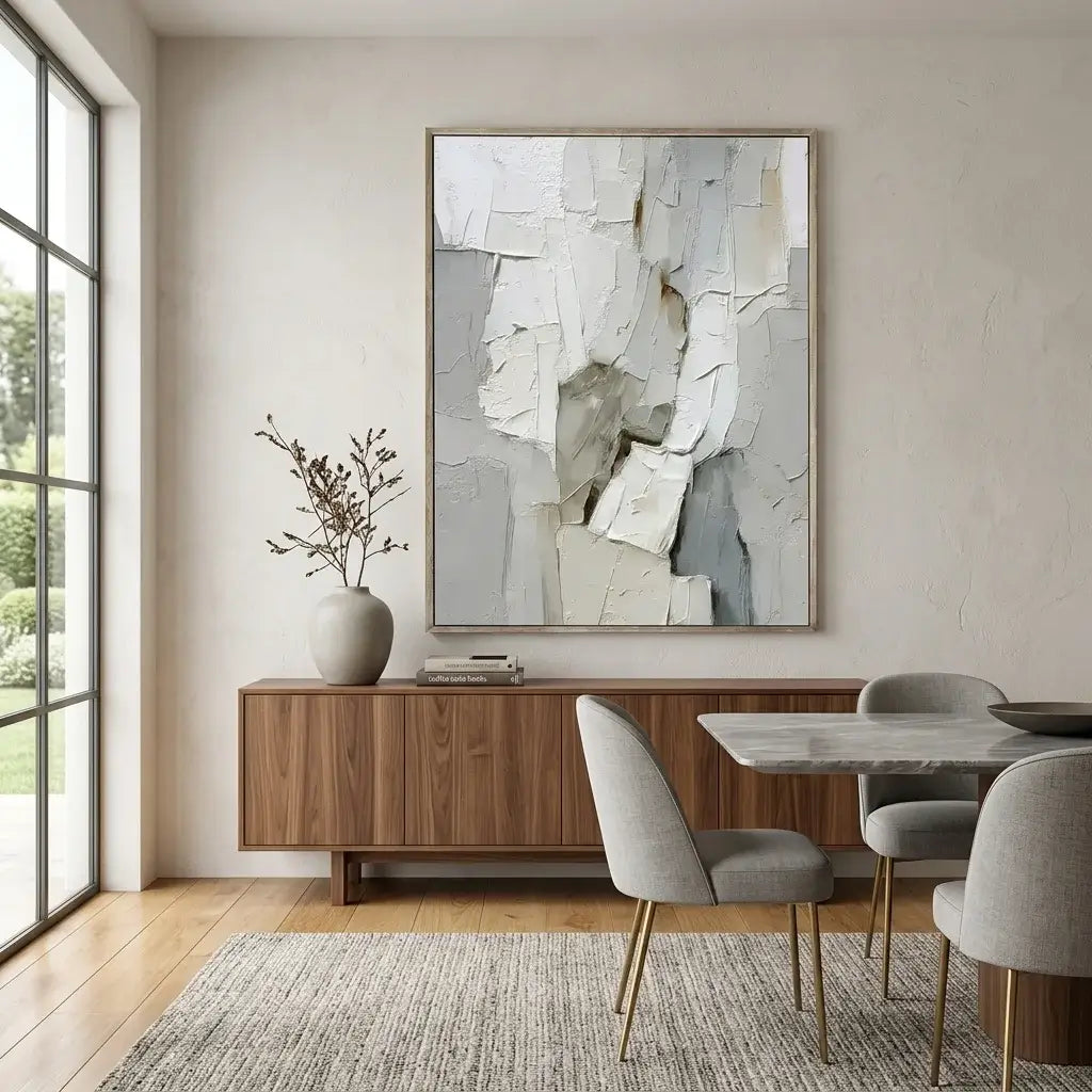 Modern dining room with wooden sideboard, abstract art, and gray chairs.
