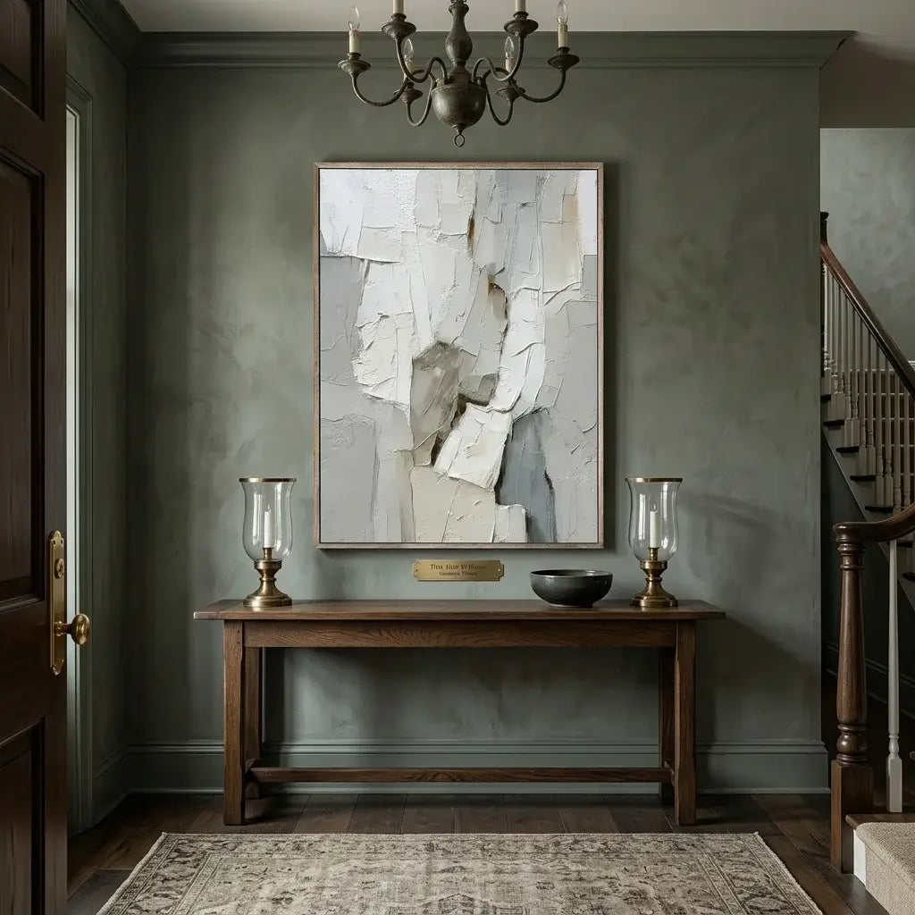 Narrow hallway with a wooden console table, abstract art, and a chandelier.