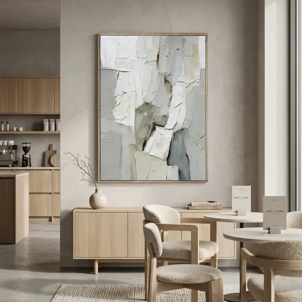 Modern interior with abstract art on the wall, wooden furniture, and chairs.