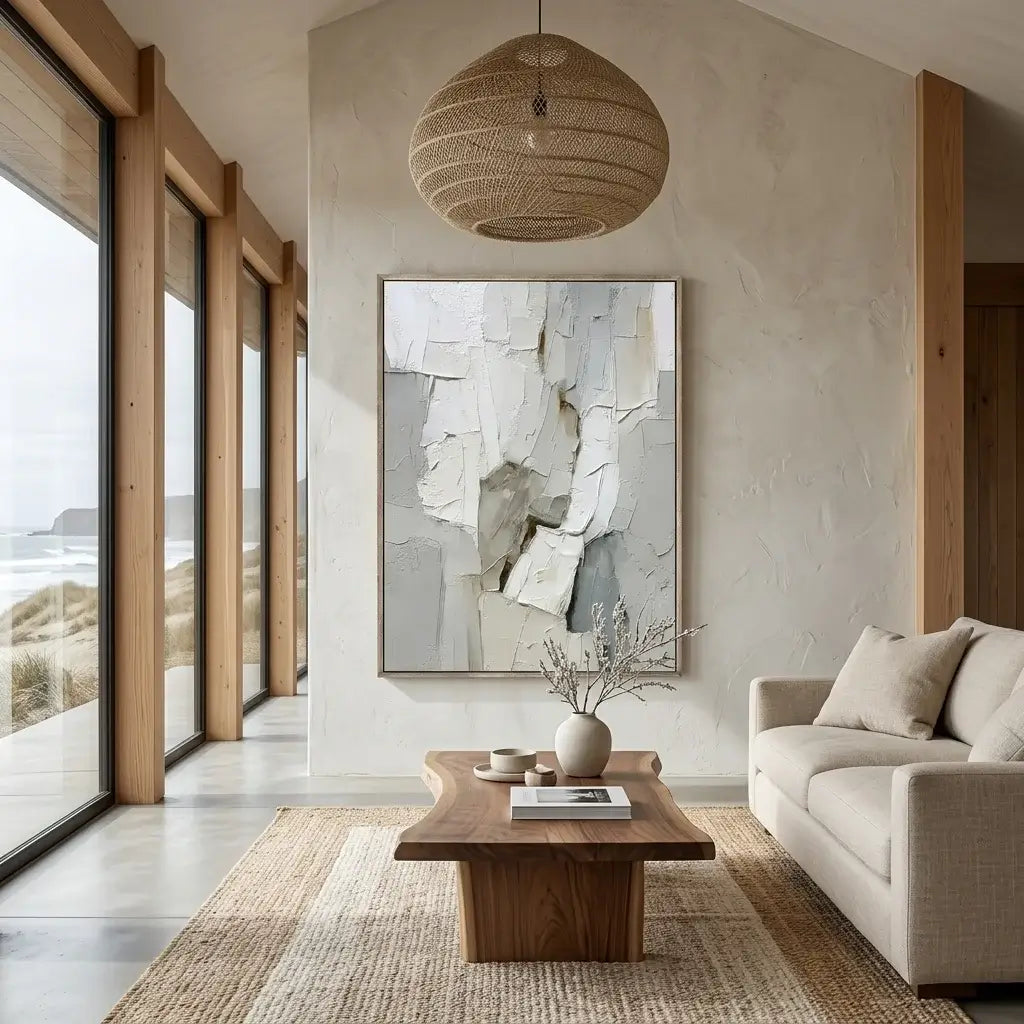 Modern living room with a large abstract painting, wooden coffee table, and beige sofa.