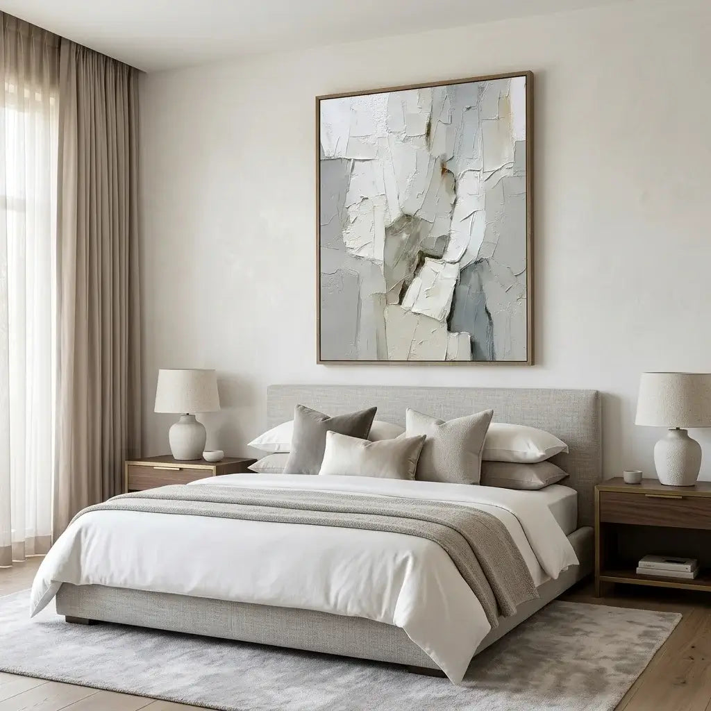 Modern bedroom with a bed, abstract art, and matching lamps.