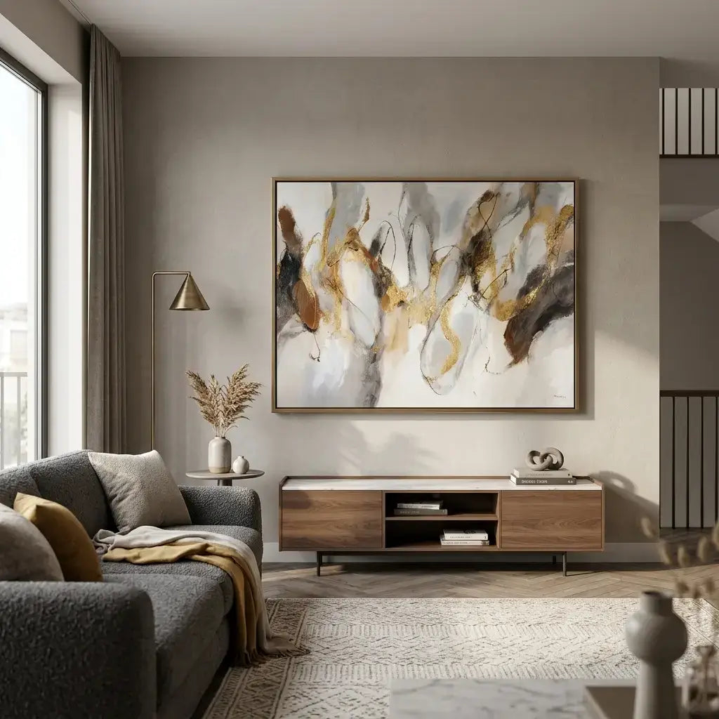 Modern living room with a gray sofa, wooden TV stand, and abstract painting on the wall.