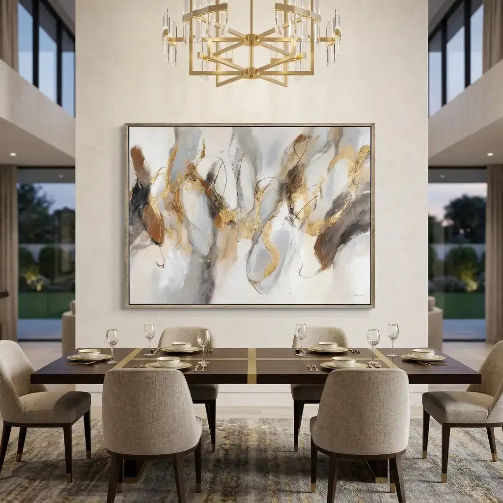 Dining room with a large abstract painting on the wall, a chandelier, and a set table.