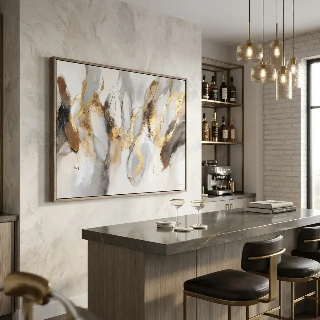 Modern kitchen with a bar area, abstract painting on the wall, and pendant lights.