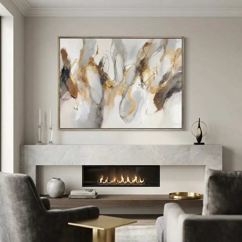 Modern living room with abstract art above a fireplace