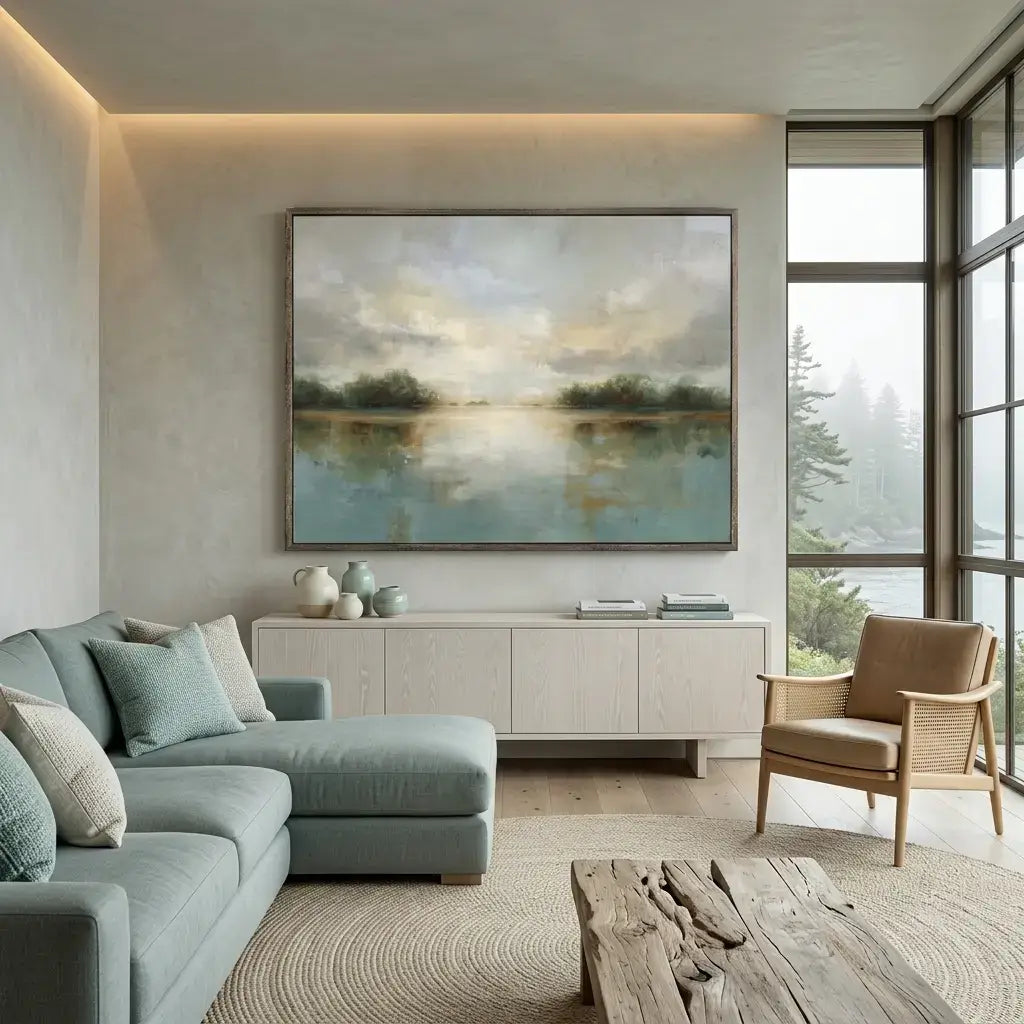 Modern living room with a large painting of a landscape on the wall.
