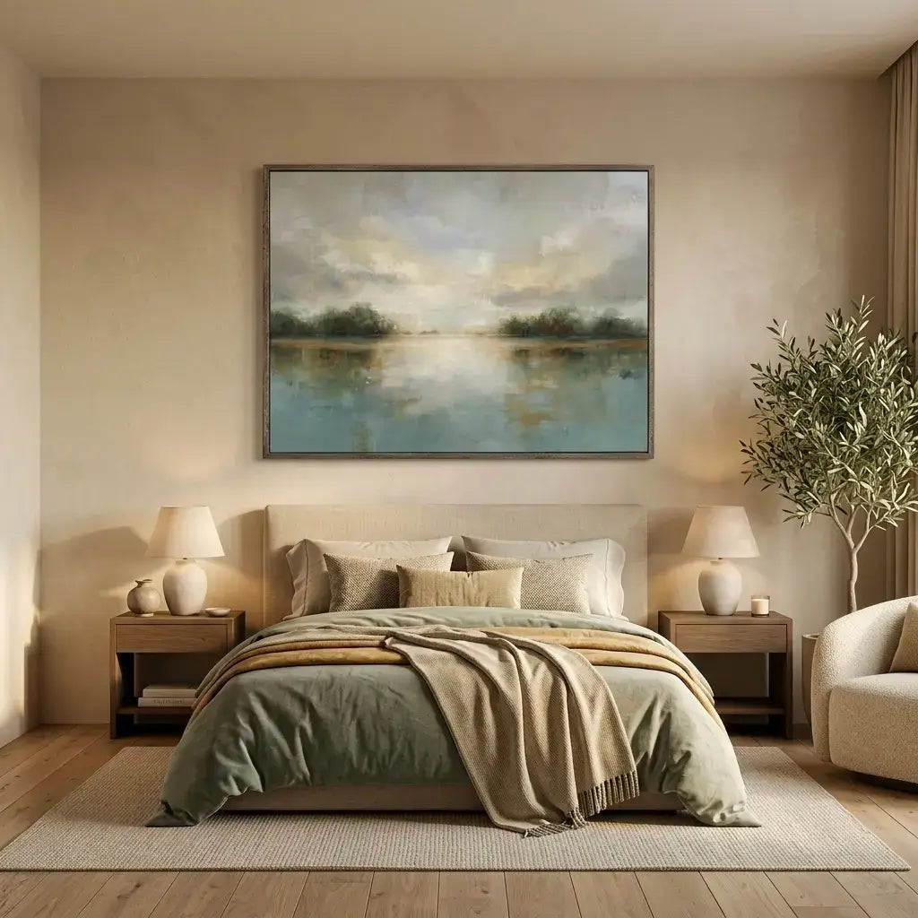 Modern bedroom with a large painting of a landscape above the bed.