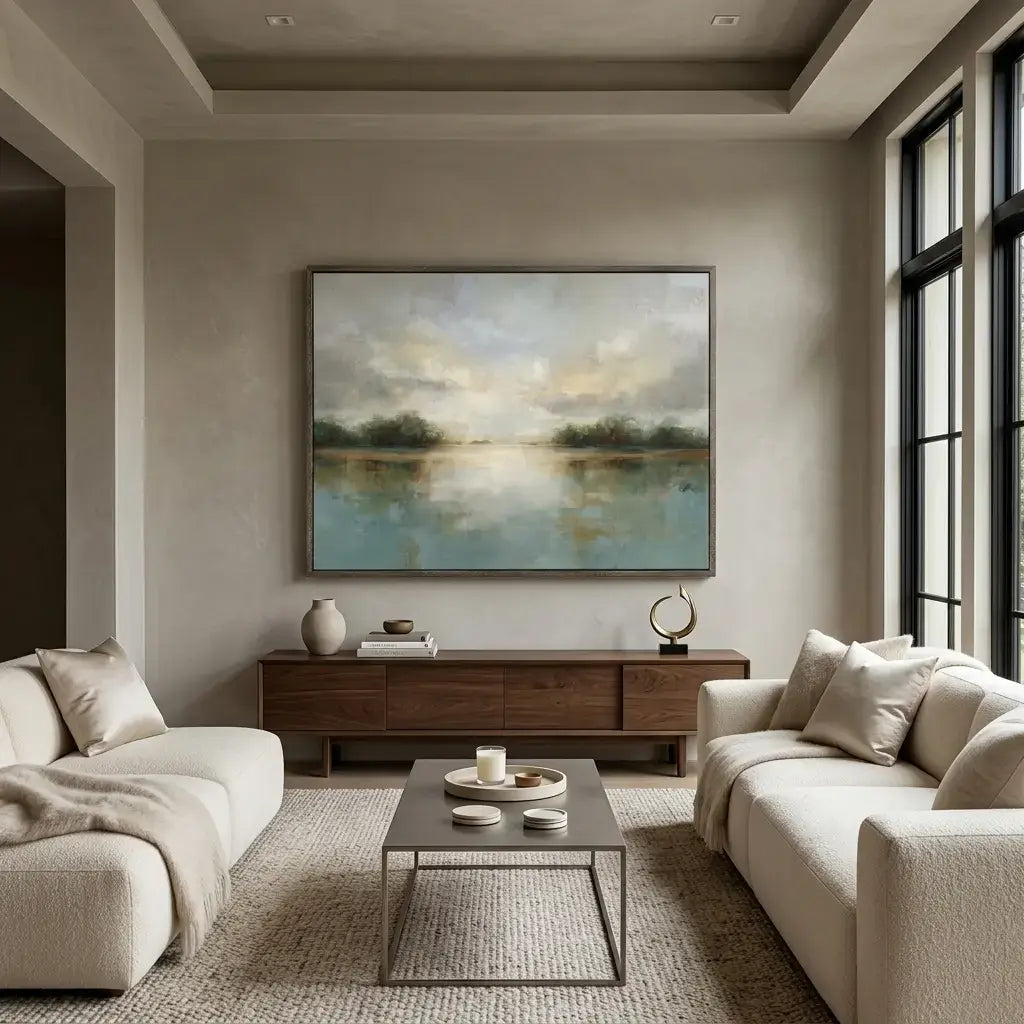 Modern living room with a painting on the wall, sofa, coffee table, and decorative items.