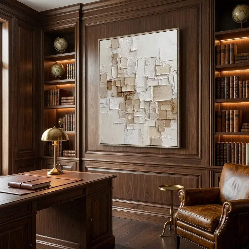Luxurious office with wooden walls, bookshelves, a desk, and a chair.