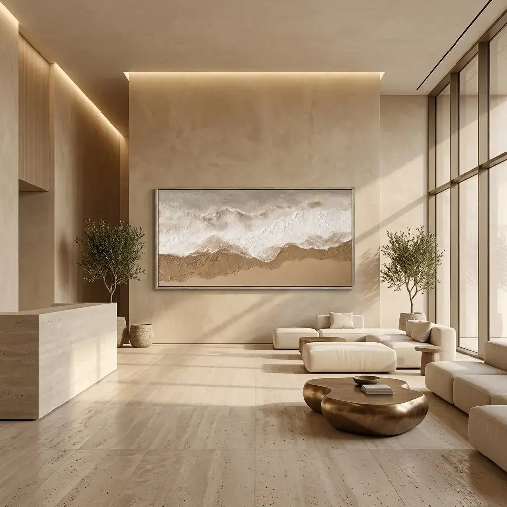 Modern living room with neutral tones, a large abstract painting, and a wooden coffee table.